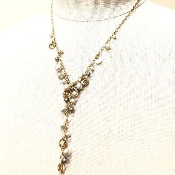 Ann Taylor LOFT Metallic Dainty Bead and Pearl Y Necklace NWT 39.5 - Picture 2 of 8
